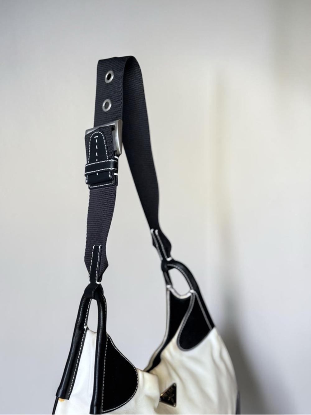 AUTHENTIC PRADA TESSUTO SHOULDER BAG EGGSHELL NYLON BLACK LEATHER GROMMET STRAP - Picture 9 of 11